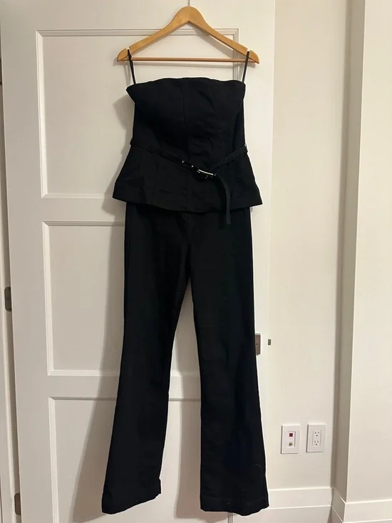 White House Black Market Black Strapless Denim Jumpsuit with Belt - Picture 1 of 5